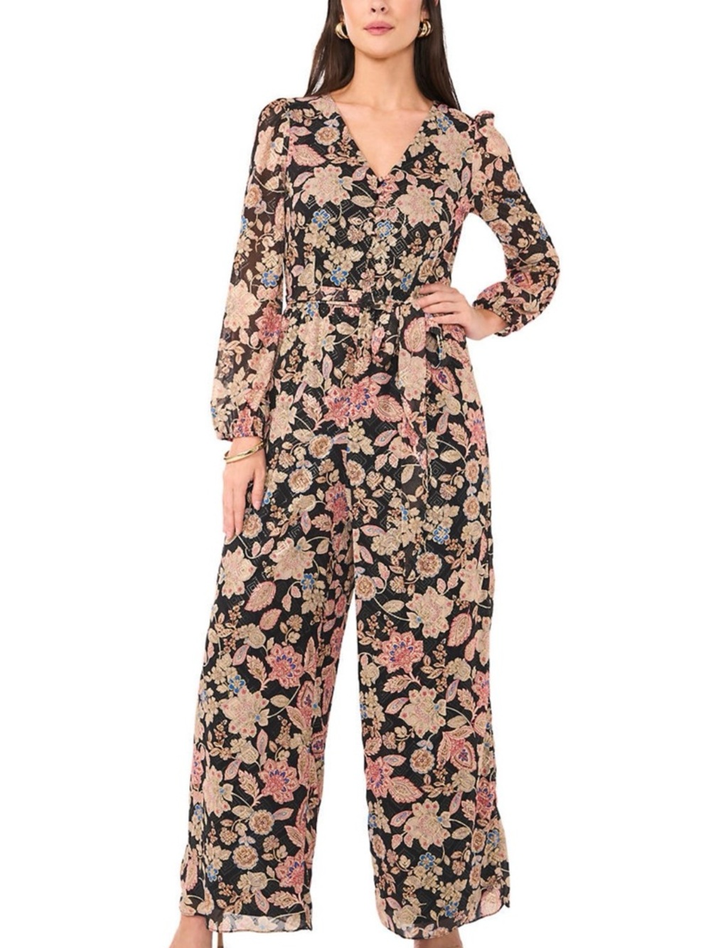 Vince Camuto Black Floral V-Neck Wide-Leg Jumpsuit